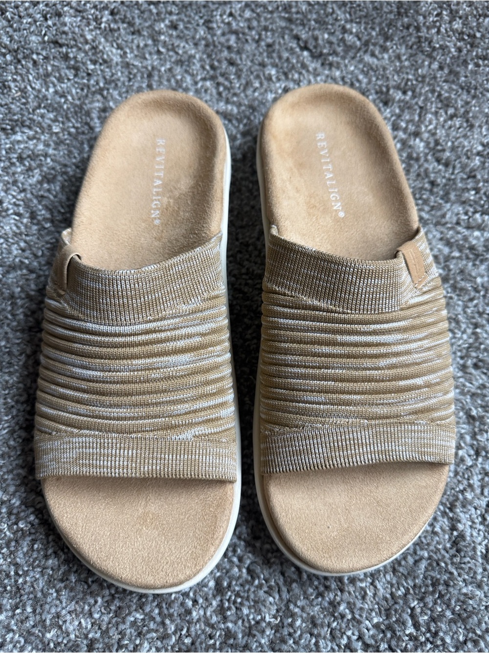 Revitalign Vanessa Slide Sandals Tan Knit Orthotic Comfort Women’s 9